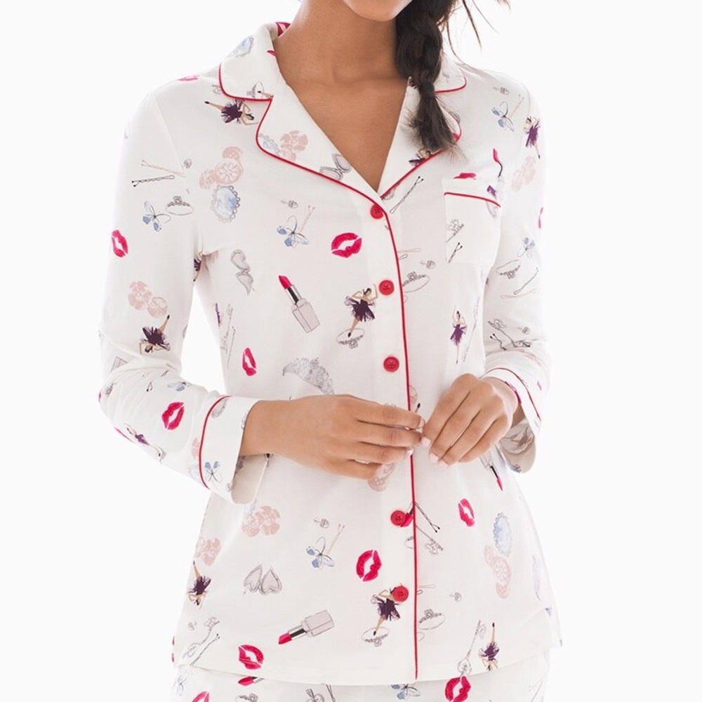 Soma Long Sleeve Notch Collar Pajama Top Trinkets Ivory